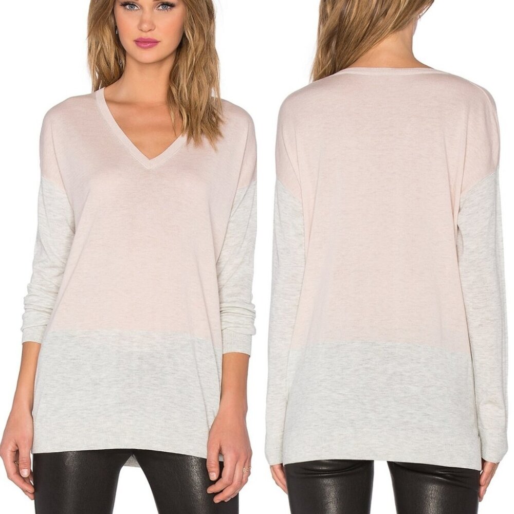VINCE Colorblock Easy Fit V-Neck Sweater Baby Pink Gray Wool Blend light weight